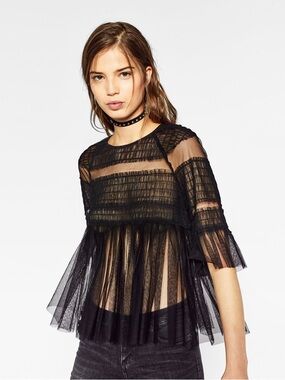 Zara Trafaluc Black Tulle Ruffle Dress Small Sheer Mesh Party Top # 0182